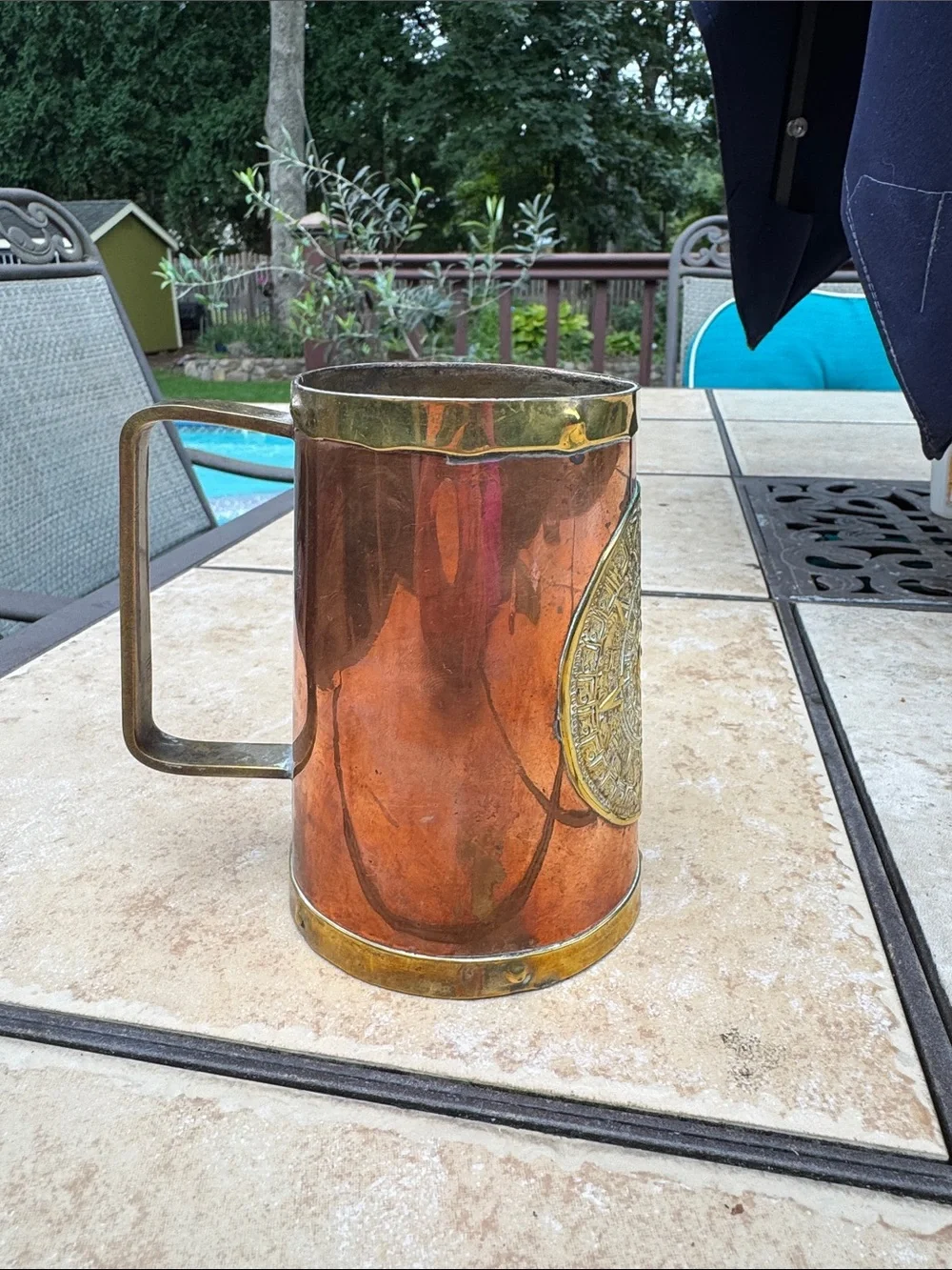 Copper and Brass Decorative Tankard with Aztec /Mayan Medallion